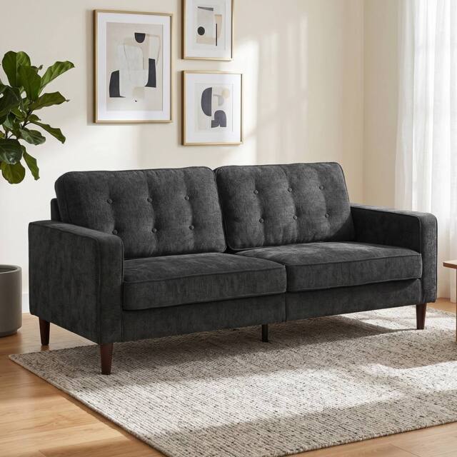 HOMCOM 3 Seater Sofa with Button Tufting Wood Legs, Dark Grey - image 1