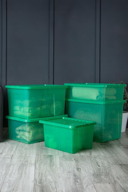 Wham Crystal 5 Piece Multisize Stackable Plastic Storage Organiser Box & Lid in Green - image 1
