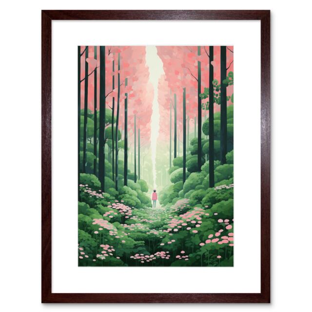Artery8 Wall Art Print Mount Yoshino Cherry Blossom Tree Forest Bright Artwork Baby Pink Green Walk in Nature Trail Artwork Framed 9X7 Inch - image 1
