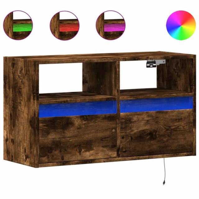 Berkfield Home TV Wall Cabinet with LED Lights Smoked Oak 80x31x45 cm in Brown - Size: 80 x 31 x 45 cm - image 1