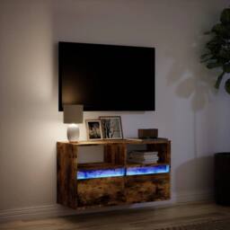 Berkfield Home TV Wall Cabinet with LED Lights Smoked Oak 80x31x45 cm in Brown - Size: 80 x 31 x 45 cm - thumbnail 5