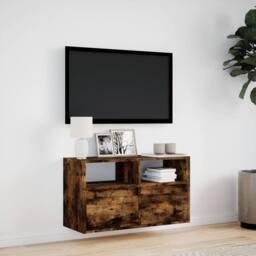 Berkfield Home TV Wall Cabinet with LED Lights Smoked Oak 80x31x45 cm in Brown - Size: 80 x 31 x 45 cm - thumbnail 4