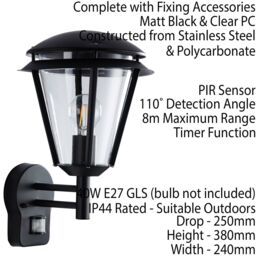 Loops IP44 Outdoor Wall Lamp Matt Black Steel Modern PIR Lantern Porch Curved Move - thumbnail 2
