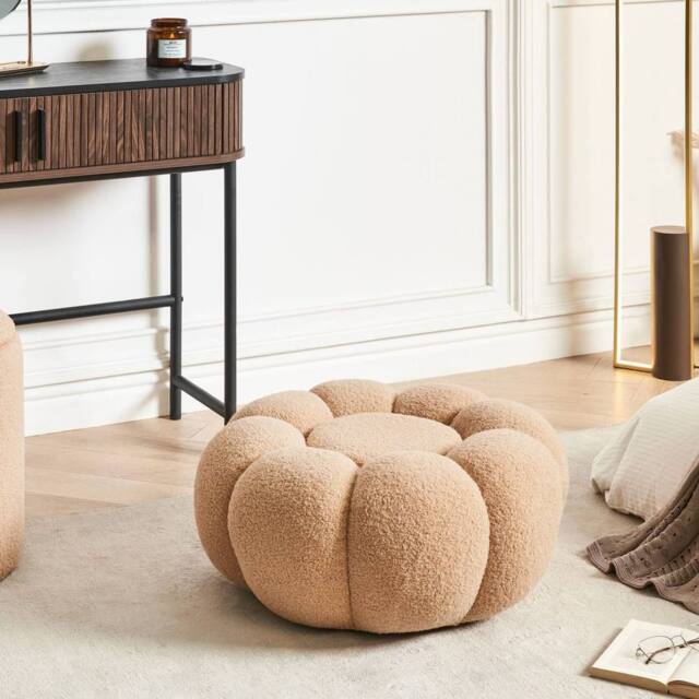 Wyld and Coco Bouclé Pouffe 60cm Light Brown - image 1
