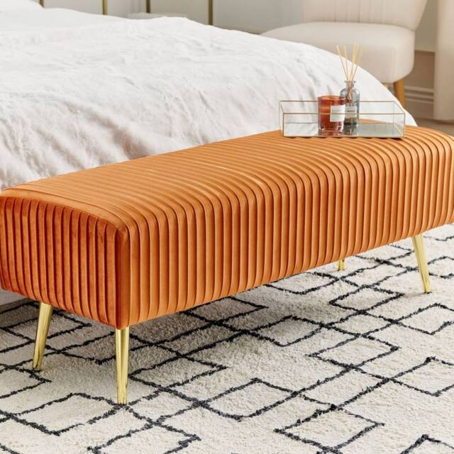 Wyld and Coco Orange Velvet Bench with Gold Metal Legs 118 x 40 cm - image 1
