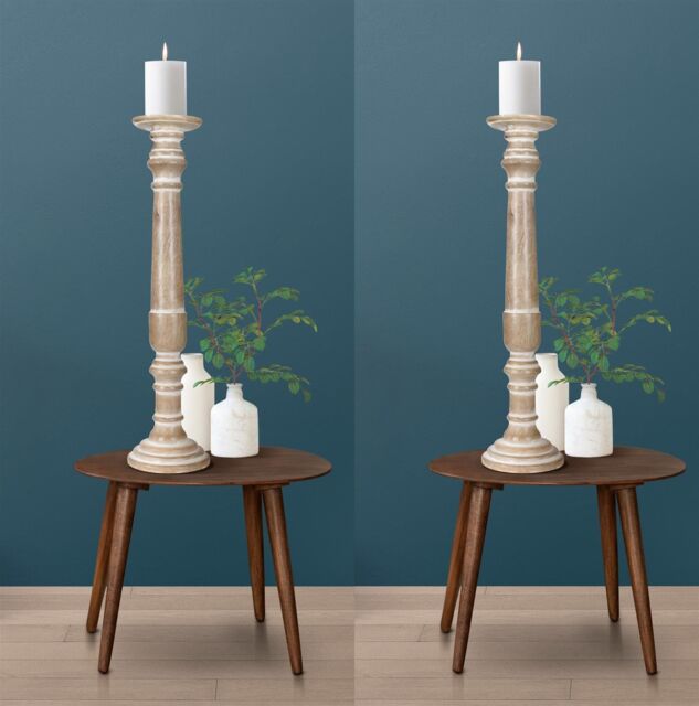 SET OF 2 Rustic Antique Carved Wooden Pillar Church Candle Holder XX Large 61 cm