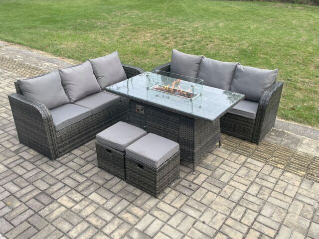 Fimous Rattan Garden Furniture Set with Fire Pit Table 8 Seater Outdoor Lounge Sofa Set Dark Grey Mixed - image 1