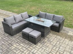 Fimous Rattan Garden Furniture Set with Fire Pit Table 8 Seater Outdoor Lounge Sofa Set Dark Grey Mixed - thumbnail 1