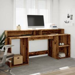 Berkfield Home Desk with LED Lights Old Wood 200x55x91 cm Engineered Wood in Brown - Size: 200 x 55 x 91 cm - thumbnail 4