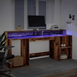 Berkfield Home Desk with LED Lights Old Wood 200x55x91 cm Engineered Wood in Brown - Size: 200 x 55 x 91 cm - thumbnail 5