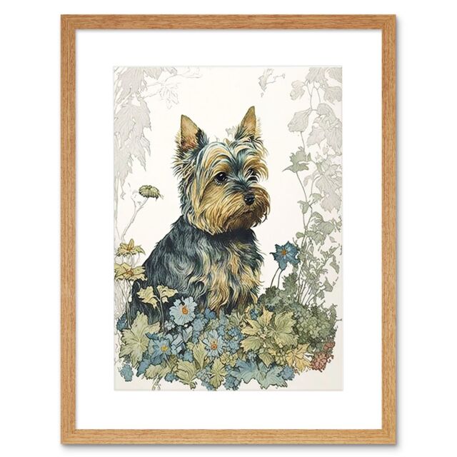 "Artery8 Wall Art Print Yorkshire Terrier Dog in Wildflowers Watercolour Artwork Framed 9X7 Inch in Beige - Size: W7"" x H9""" - image 1