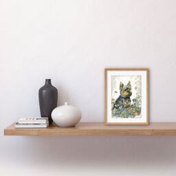 "Artery8 Wall Art Print Yorkshire Terrier Dog in Wildflowers Watercolour Artwork Framed 9X7 Inch in Beige - Size: W7"" x H9""" - thumbnail 2