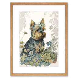 "Artery8 Wall Art Print Yorkshire Terrier Dog in Wildflowers Watercolour Artwork Framed 9X7 Inch in Beige - Size: W7"" x H9""" - thumbnail 1