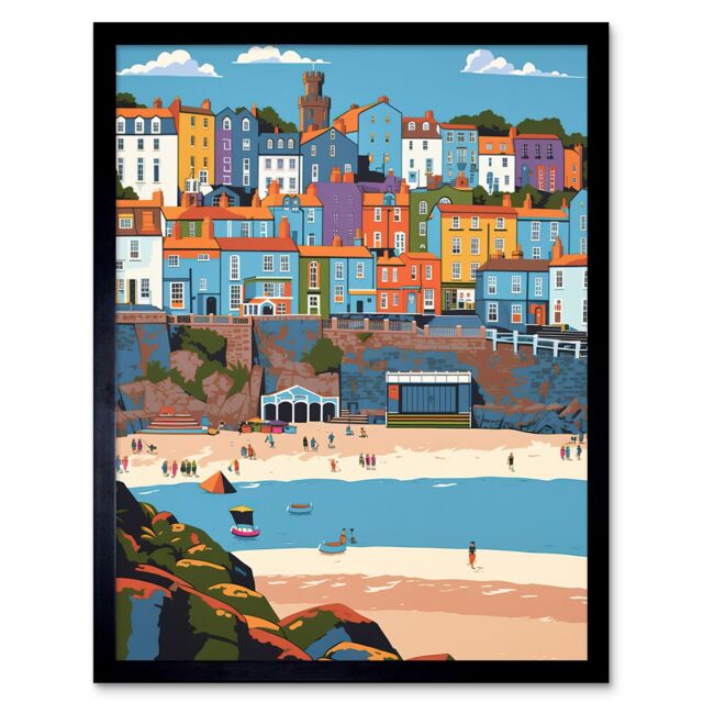 "Artery8 Wall Art Print Tenby Castle Beach in Wales Colourful Townscape Art Framed in Black - Size: W12"" x H16""" - image 1