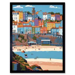 "Artery8 Wall Art Print Tenby Castle Beach in Wales Colourful Townscape Art Framed in Black - Size: W12"" x H16""" - thumbnail 1