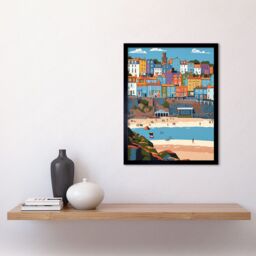 "Artery8 Wall Art Print Tenby Castle Beach in Wales Colourful Townscape Art Framed in Black - Size: W12"" x H16""" - thumbnail 2