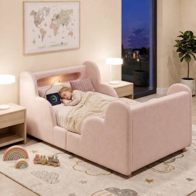 Matteo Pink Velvet Upholstered Toddler Bed - LED Light, Safety Rails - Size: Junior