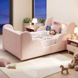 Matteo Pink Velvet Upholstered Toddler Bed - LED Light, Safety Rails - Size: Junior - thumbnail 2