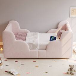 Matteo Pink Velvet Upholstered Toddler Bed - LED Light, Safety Rails - Size: Junior - thumbnail 5
