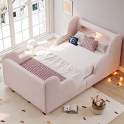 Matteo Pink Velvet Upholstered Toddler Bed - LED Light, Safety Rails - Size: Junior - thumbnail 3
