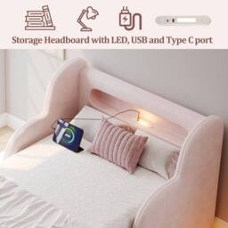 Matteo Pink Velvet Upholstered Toddler Bed - LED Light, Safety Rails - Size: Junior - thumbnail 7