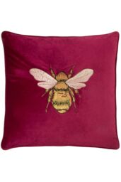 Paoletti Hortus Embroidered Bee Soft Velvet Pipe Trimmed Cushion in Fuchsia - Size: 50 cm x 50 cm