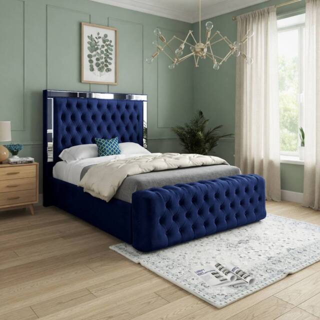 KDMD Wimborne Mirror Upholstered Blue Soft Velvet Designer Bed Frame - Size: Double - image 1