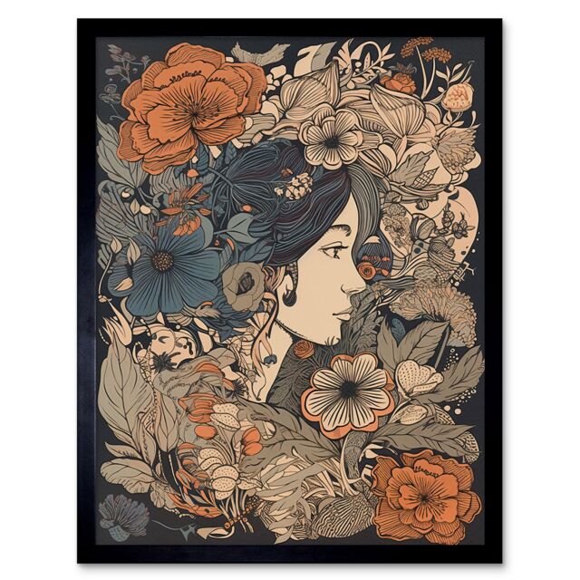 "Artery8 Wall Art Print Woman Floral Profile Portrait Boho Art Nouveau Art Framed in Black - Size: W12"" x H16""" - image 1