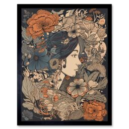 "Artery8 Wall Art Print Woman Floral Profile Portrait Boho Art Nouveau Art Framed in Black - Size: W12"" x H16""" - thumbnail 1