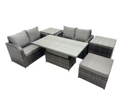 Fimous 5-seater Rattan Garden Furniture Set with Big Stool 2 Side Tables in Dark Grey - thumbnail 2