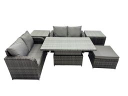 Fimous 5-seater Rattan Garden Furniture Set with Big Stool 2 Side Tables in Dark Grey - thumbnail 1