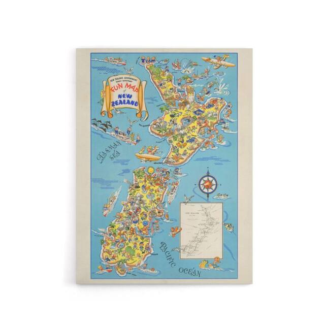 "Artery8 1938 Fun Pictorial Map Of New Zealand Canvas Wall Art Print in Blue - Size: W18"" x H24""" - image 1