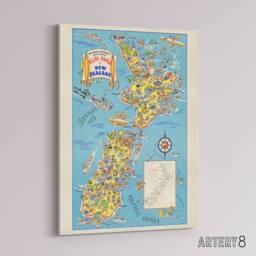 "Artery8 1938 Fun Pictorial Map Of New Zealand Canvas Wall Art Print in Blue - Size: W18"" x H24""" - thumbnail 2