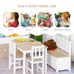 HOMCOM 4-Piece Kids Table & Chair Set with 2 Wooden Chairs, 1 Storage Bench in Beige - thumbnail 4