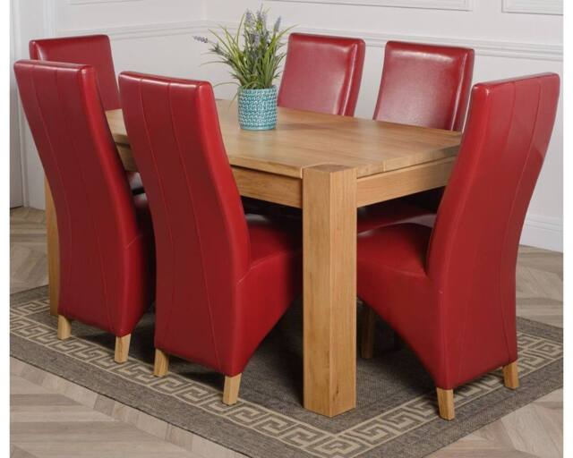 Thats Furniture Kuba 150 x 85 cm Chunky Medium Oak Dining Table & 6 Lola Leather Chairs in Red - image 1