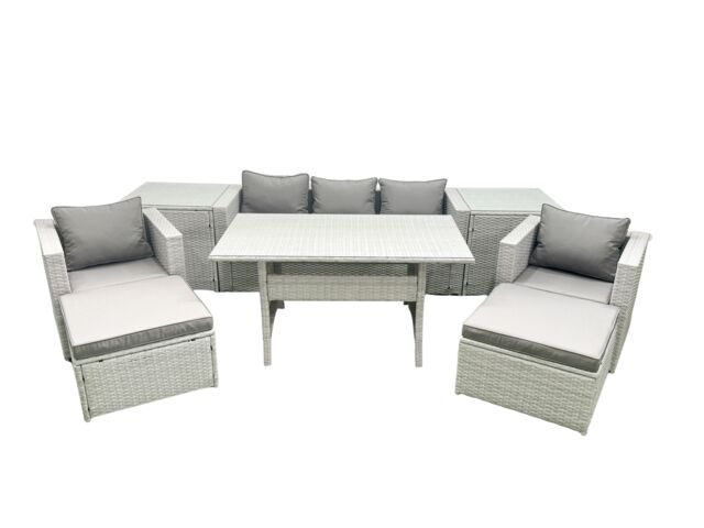 Fimous Garden Dining Set Outdoor Rattan Furniture Set with Sofa Dining Table 2 Chairs 2 Big Footstools 2 Side Tables Light Grey Mixed - image 1