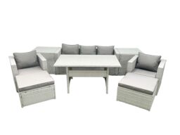 Fimous Garden Dining Set Outdoor Rattan Furniture Set with Sofa Dining Table 2 Chairs 2 Big Footstools 2 Side Tables Light Grey Mixed - thumbnail 1
