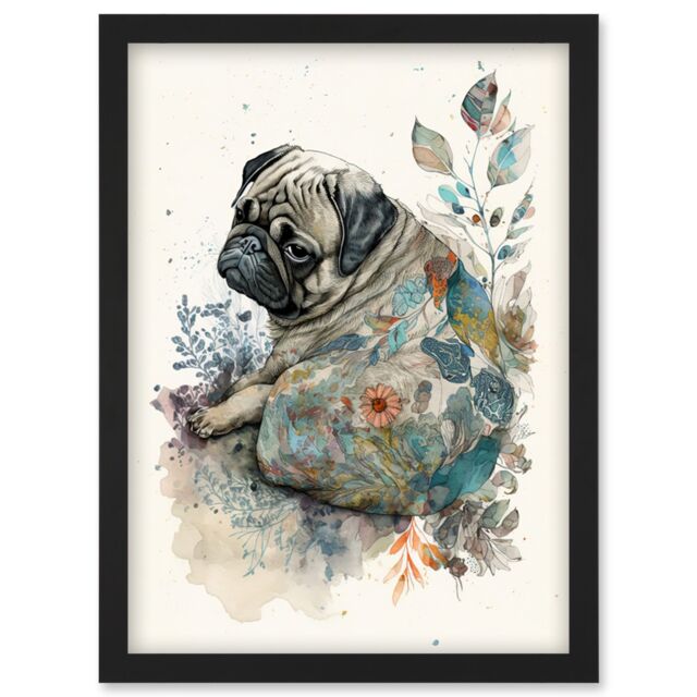 Artery8 Pug Dog with Floral Pattern Modern Multicoloured Watercolour Illustration Artwork Framed Wall Art Print A4 in Black - image 1