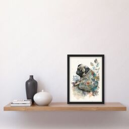 Artery8 Pug Dog with Floral Pattern Modern Multicoloured Watercolour Illustration Artwork Framed Wall Art Print A4 in Black - thumbnail 2