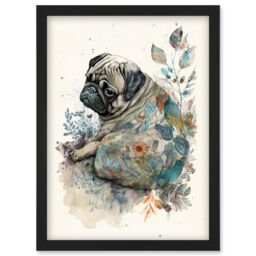 Artery8 Pug Dog with Floral Pattern Modern Multicoloured Watercolour Illustration Artwork Framed Wall Art Print A4 in Black - thumbnail 1