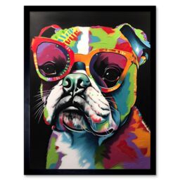 "Artery8 Wall Art Print Rainbow Colour English Bulldog Puppy in Sunglasses Art Framed in Black - Size: W12"" x H16""" - thumbnail 1
