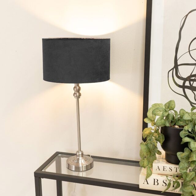 ValueLights Maggie Brushed Chrome Candlestick Slim Table Lamp with Velvet Drum Lamp Shade in Black - image 1