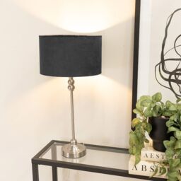 ValueLights Maggie Brushed Chrome Candlestick Slim Table Lamp with Velvet Drum Lamp Shade in Black