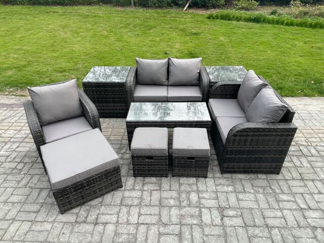 Fimous 8 Seater Rattan Outdoor Garden Furniture Sofa Set Patio Table & Chairs Set with 2 Side Tables 3 Footstools Dark Grey Mixed - image 1