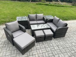 Fimous 8 Seater Rattan Outdoor Garden Furniture Sofa Set Patio Table & Chairs Set with 2 Side Tables 3 Footstools Dark Grey Mixed - thumbnail 2