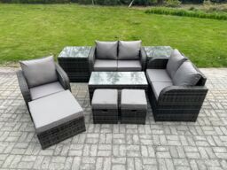 Fimous 8 Seater Rattan Outdoor Garden Furniture Sofa Set Patio Table & Chairs Set with 2 Side Tables 3 Footstools Dark Grey Mixed - thumbnail 1