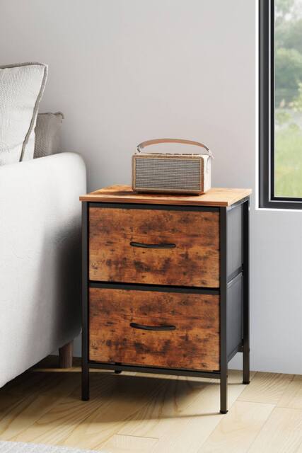 Living and Home Nightstand Bedside Table with 2 Fabric Storage Drawers in Brown - image 1