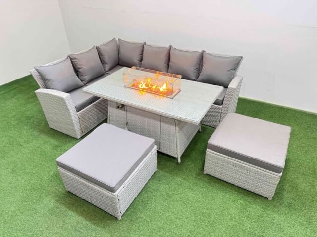 Fimous 8 Seat Rattan Garden Furniture Corner Sofa Set Outdoor Gas Fire Pit Table Sets with 2 Big Footstools Light Grey - image 1
