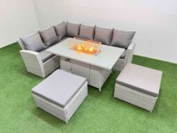 Fimous 8 Seat Rattan Garden Furniture Corner Sofa Set Outdoor Gas Fire Pit Table Sets with 2 Big Footstools Light Grey - thumbnail 1