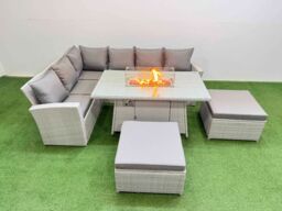 Fimous 8 Seat Rattan Garden Furniture Corner Sofa Set Outdoor Gas Fire Pit Table Sets with 2 Big Footstools Light Grey - thumbnail 2